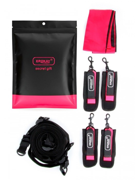 Черно-розовый эротический набор: фиксатор, оковы, наручники, повязка - Erokay - купить с доставкой в Москве