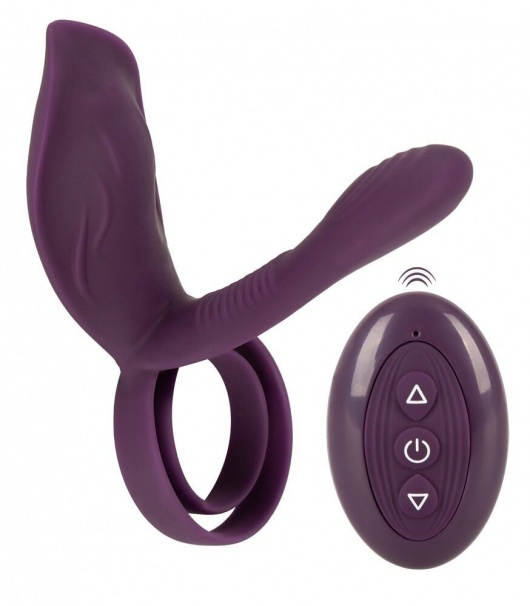 Фиолетовая насадка на член с клиторальным отростком и пультом ДУ RC Couple’s Vibrator 2 - Orion - в Москве купить с доставкой