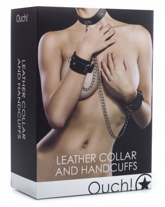 Чёрный комплект для бондажа Leather Collar and Handcuffs - Shots Media BV - купить с доставкой в Москве