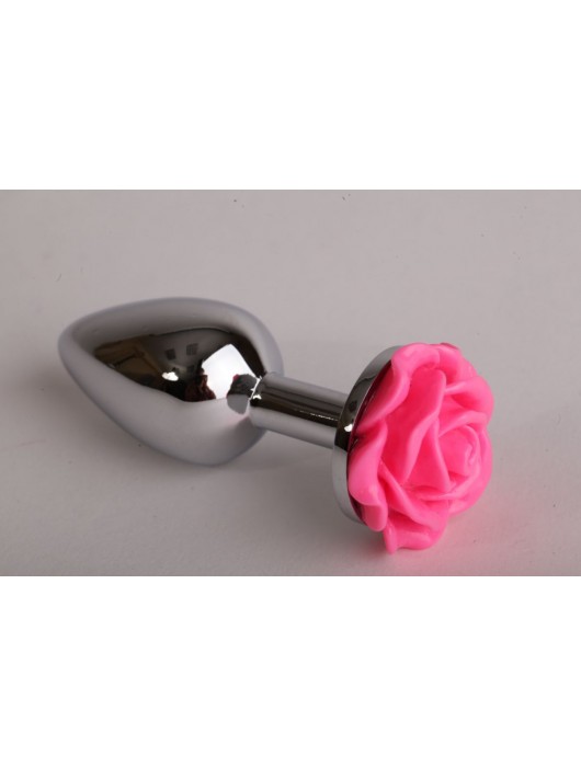 Серебристая анальная пробка с розовой розочкой - 7,6 см. - 4sexdreaM - купить с доставкой в Москве
