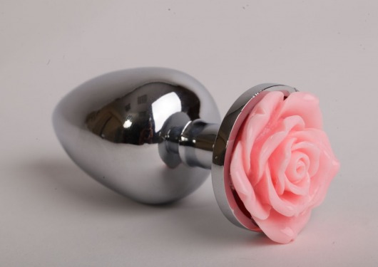 Серебристая анальная пробка со светло-розовой розочкой - 7,6 см. - 4sexdreaM - купить с доставкой в Москве