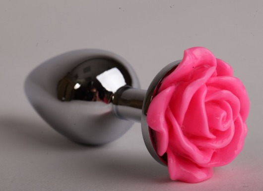 Серебристая анальная пробка с розовой розочкой - 8 см. - 4sexdreaM - купить с доставкой в Москве