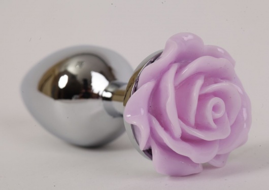 Серебристая анальная пробка с сиреневой розочкой - 8 см. - 4sexdreaM - купить с доставкой в Москве