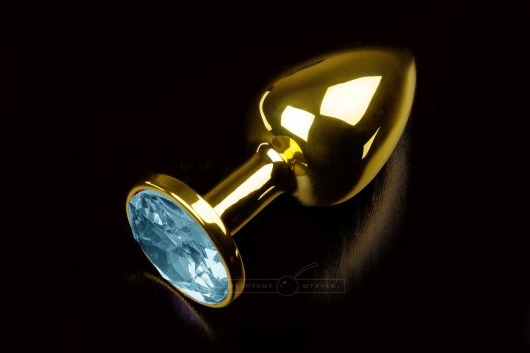 Маленькая золотистая анальная пробка с круглым кончиком и голубым кристаллом - 7 см. - Пикантные штучки - купить с доставкой в Москве