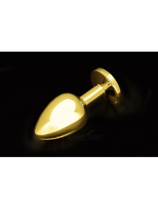 Большая золотая анальная пробка с закругленным кончиком и синим кристаллом - 9 см. - Пикантные штучки - купить с доставкой в Москве