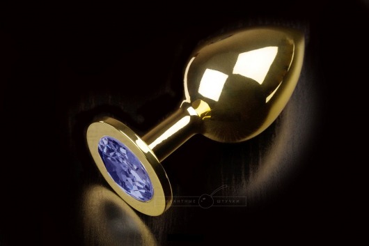 Большая золотая анальная пробка с закругленным кончиком и синим кристаллом - 9 см. - Пикантные штучки - купить с доставкой в Москве