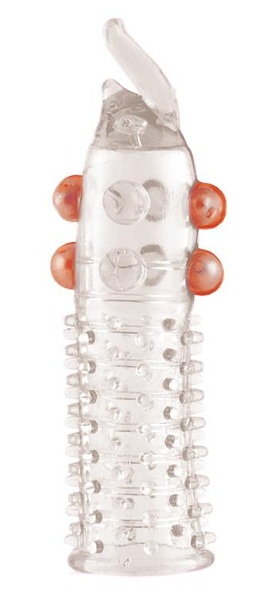 Гелевая прозрачная насадка с шариками, шипами и усиком - 11 см. - Toyfa Basic - в Москве купить с доставкой