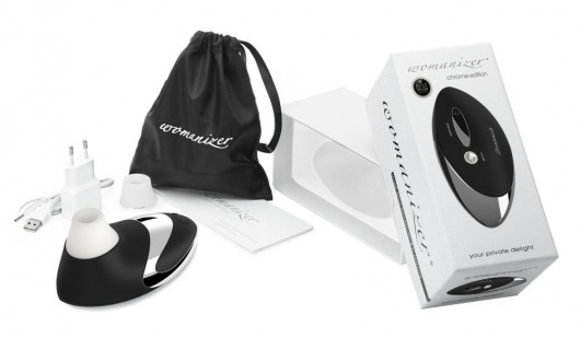 Чёрный бесконтактный стимулятор с хромированной вставкой Womanizer W500 Black Chrome - Womanizer