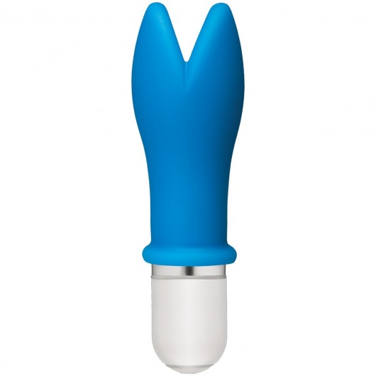 Голубой мини-вибатор с раздвоенным кончиком Whaam! 10 Function Silicone Vibrator - 8,89 см. - Doc Johnson