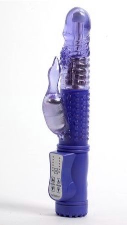 Синий вибратор с ротацией и клиторальным стимулятором - 22,5 см. - White Label