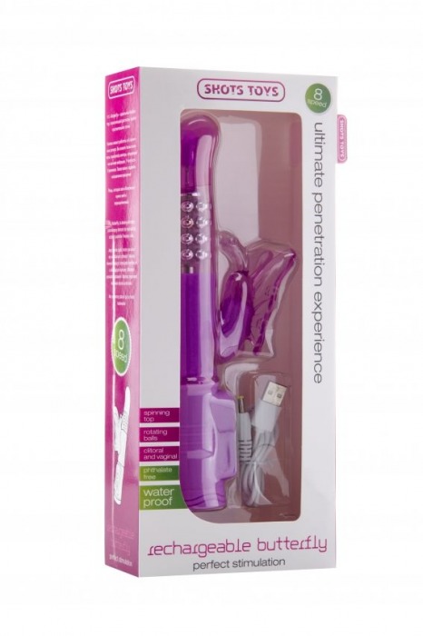 Фиолетовый перезаряжаемый вибратор Rechargeable Butterfly с клиторальной бабочкой - 22,8 см. - Shots Media BV