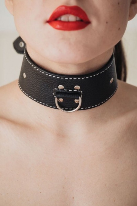 Черный кожаный ошейник с петлёй для поводка - БДСМ Арсенал - купить с доставкой в Москве