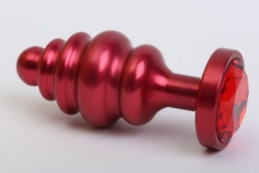 Красная ребристая анальная пробка с красным стразом - 7,3 см. - 4sexdreaM - купить с доставкой в Москве
