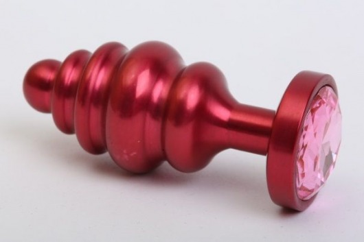 Красная ребристая анальная пробка с розовым стразом - 7,3 см. - 4sexdreaM - купить с доставкой в Москве