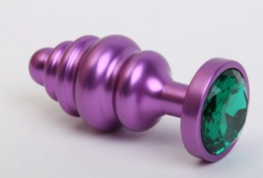 Фиолетовая ребристая анальная пробка с зеленым кристаллом - 7,3 см. - 4sexdreaM - купить с доставкой в Москве