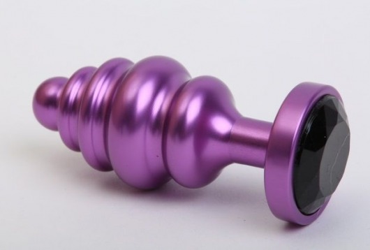 Фиолетовая ребристая анальная пробка с чёрным кристаллом - 7,3 см. - 4sexdreaM - купить с доставкой в Москве