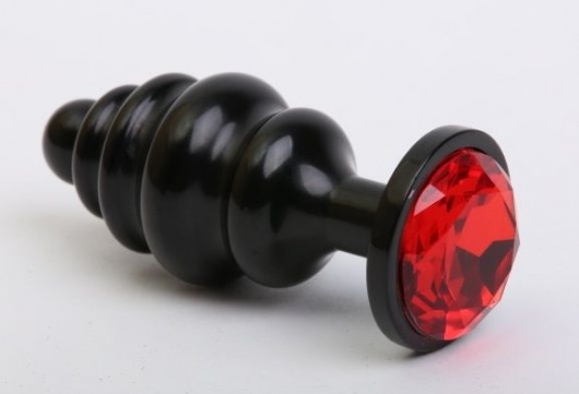 Чёрная ребристая анальная пробка с красным кристаллом - 7,3 см. - 4sexdreaM - купить с доставкой в Москве