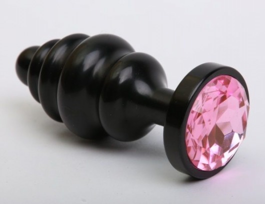 Чёрная ребристая анальная пробка с розовым кристаллом - 7,3 см. - 4sexdreaM - купить с доставкой в Москве