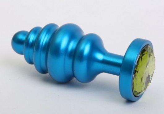 Синяя ребристая анальная пробка с зеленым кристаллом - 7,3 см. - 4sexdreaM - купить с доставкой в Москве