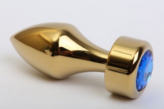 Золотистая анальная пробка с широким основанием и синим кристаллом - 7,8 см. - 4sexdreaM - купить с доставкой в Москве