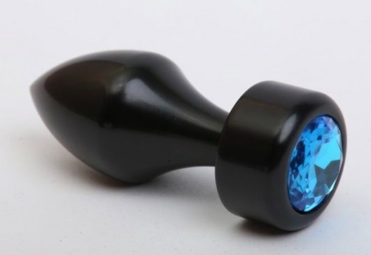 Чёрная анальная пробка с широким основанием и голубым кристаллом - 7,8 см. - 4sexdreaM - купить с доставкой в Москве