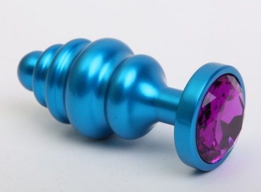 Синяя ребристая анальная пробка с фиолетовым кристаллом - 7,3 см. - 4sexdreaM - купить с доставкой в Москве