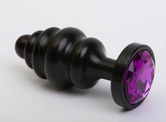 Чёрная ребристая анальная пробка с фиолетовым кристаллом - 7,3 см. - 4sexdreaM - купить с доставкой в Москве