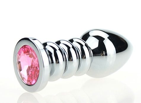 Серебристая фигурная анальная пробка с розовым кристаллом - 10,3 см. - 4sexdreaM - купить с доставкой в Москве