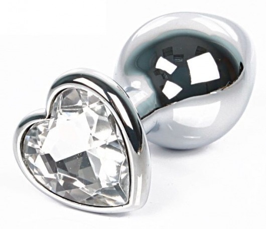Серебристая анальная пробка с прозрачным кристаллом-сердцем размера L - 9,5 см. - Vandersex - купить с доставкой в Москве