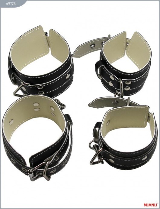 Набор чёрных кожаных БДСМ-аксессуаров: наручники, наножники, ошейник с поводком, кляп - X-Market Ltd - купить с доставкой в Москве