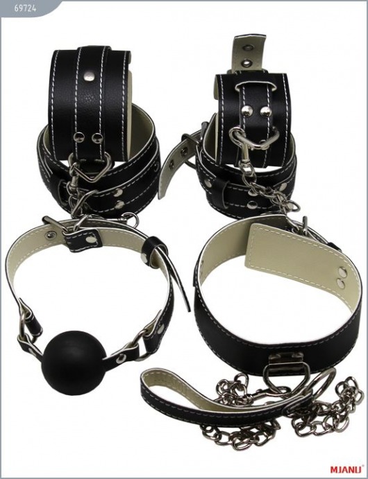 Набор чёрных кожаных БДСМ-аксессуаров: наручники, наножники, ошейник с поводком, кляп - X-Market Ltd - купить с доставкой в Москве