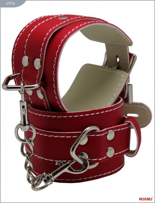 Красные кожаные наручники с фиксацией - X-Market Ltd - купить с доставкой в Москве