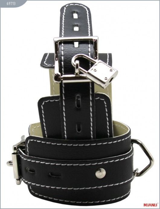 Чёрные кожаные наручники с фиксацией - X-Market Ltd - купить с доставкой в Москве