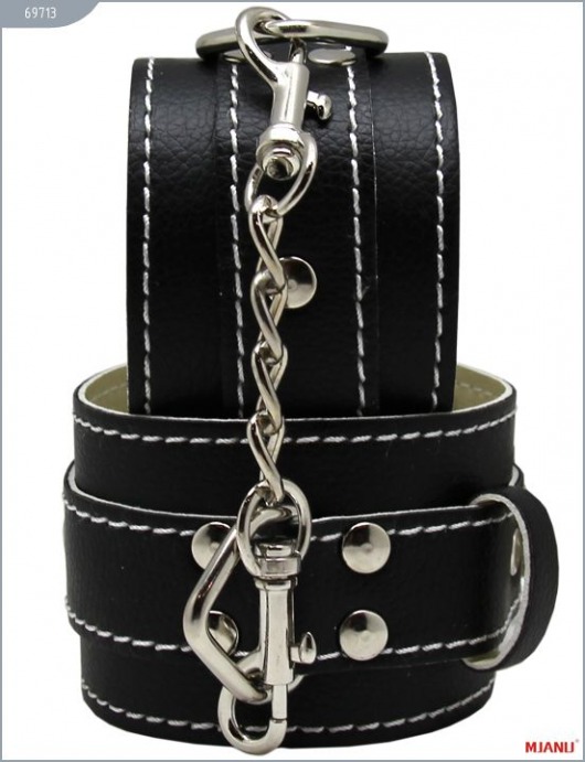 Чёрные кожаные наручники с фиксацией - X-Market Ltd - купить с доставкой в Москве