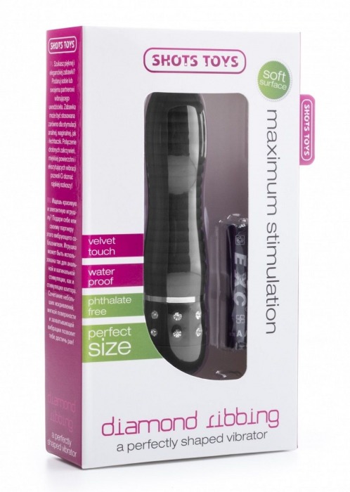 Чёрный мини-вибратор с рёбрышками и стразами Diamond Ribbing Vibe - 11,5 см. - Shots Media BV