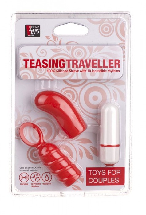 Вибропуля с двумя красными силиконовыми насадками NEON TEASING TRAVELLER 10FUNC. BULLET - Dream Toys