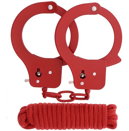 Красные наручники из листового металла в комплекте с веревкой BONDX METAL CUFFS LOVE ROPE SET - Dream Toys - купить с доставкой в Москве