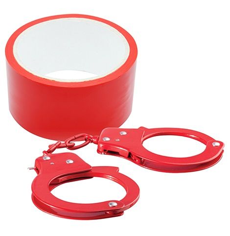 Набор для фиксации BONDX METAL CUFFS AND RIBBON: красные наручники из листового материала и липкая лента - Dream Toys - купить с доставкой в Москве