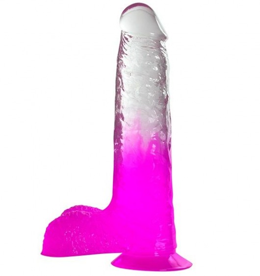 Фиолетовый фаллоимитатор с мошонкой, прозрачным стволом и присоской - 17,8 см. - Dream Toys