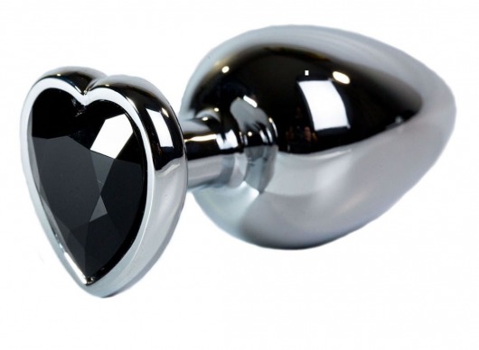 Серебристая анальная пробка с чёрным кристаллом-сердцем размера L - 9,5 см. - Vandersex - купить с доставкой в Москве
