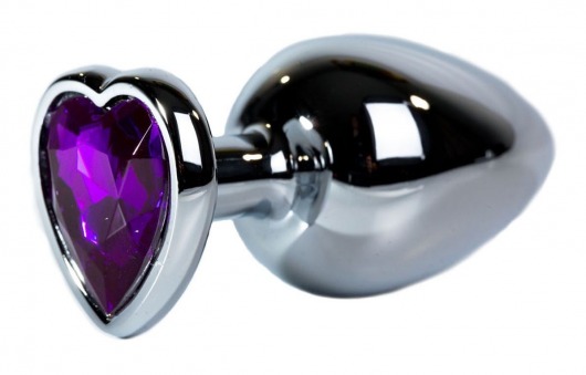 Серебристая анальная пробка с фиолетовым кристаллом-сердцем размера L - 9,5 см. - Vandersex - купить с доставкой в Москве