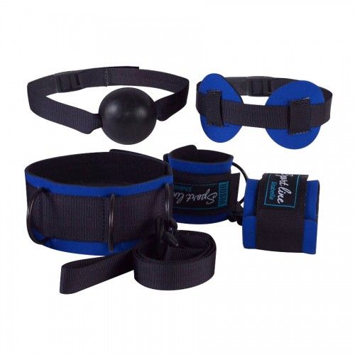 Сине-черный комплект для БДСМ-игр: наручники, кляп-шарик, маска, ошейник - Sitabella - купить с доставкой в Москве