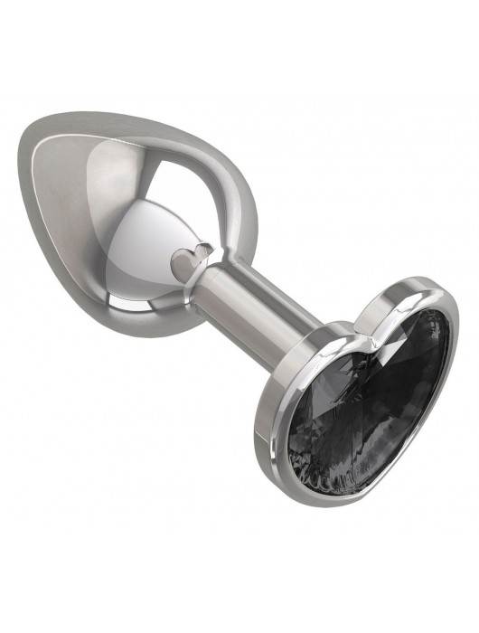 Серебристая анальная втулка с чёрным кристаллом-сердцем - 7 см. - Джага-Джага - купить с доставкой в Москве