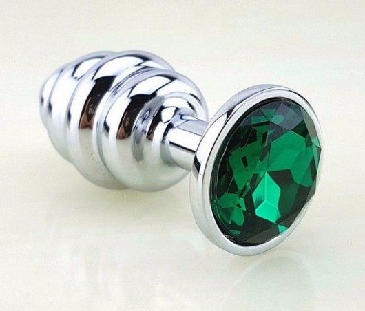 Серебристая фигурная анальная пробка с зеленым стразом - 8 см. - 4sexdreaM - купить с доставкой в Москве