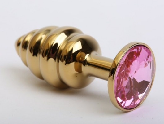 Золотистая рифлёная пробка с розовым стразом - 8,2 см. - 4sexdreaM - купить с доставкой в Москве