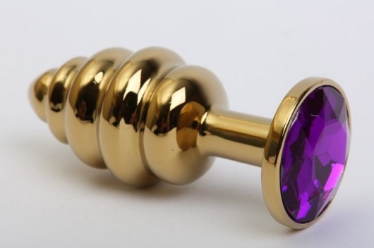 Золотистая рифлёная пробка с фиолетовым стразом - 8,2 см. - 4sexdreaM - купить с доставкой в Москве