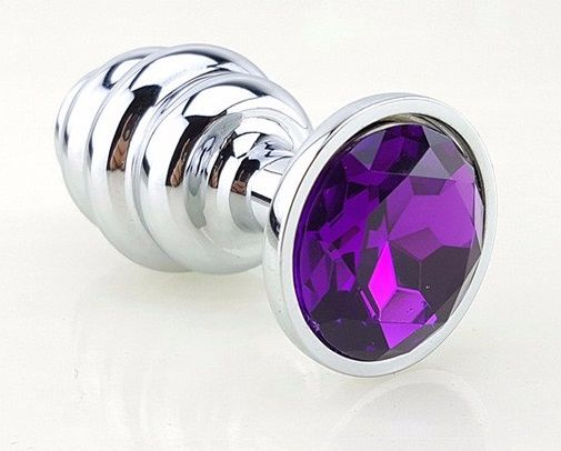 Серебристая рифлёная пробка с фиолетовым кристаллом - 9 см. - 4sexdreaM - купить с доставкой в Москве