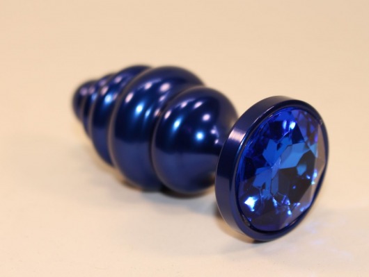 Синяя рифлёная пробка с синим кристаллом - 7,3 см. - 4sexdreaM - купить с доставкой в Москве