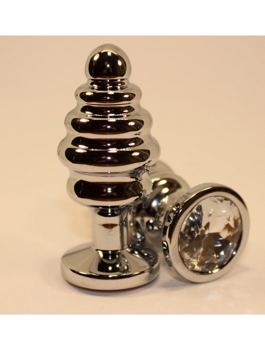 Серебристая рифленая пробка с прозрачным кристаллом - 9 см. - 4sexdreaM - купить с доставкой в Москве