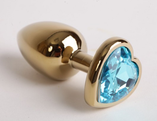 Золотистая анальная пробка с голубым кристаллом-сердцем - 9 см. - 4sexdreaM - купить с доставкой в Москве